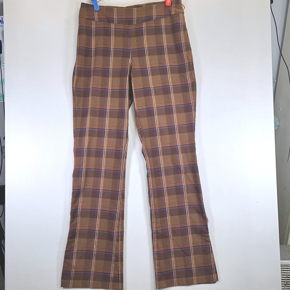 Cato Brown Plaid Flare Pants Women Size 8 Mid Rise Stretch Trouser Retro Preppy